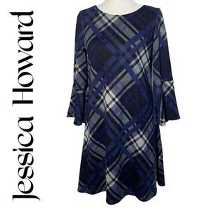 JESSICA HOWARD Plaid dress w/bell sleeves, Black, gray and blue, Size S